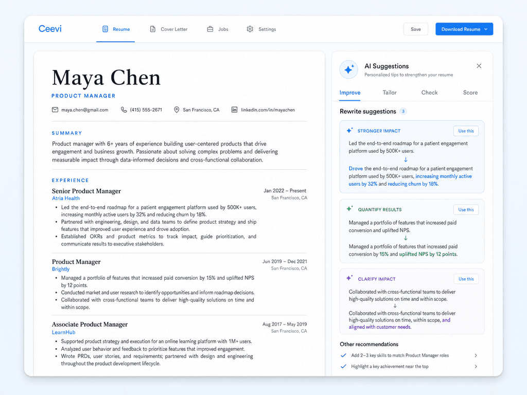 Ceevi AI suggestions panel next to a live resume preview